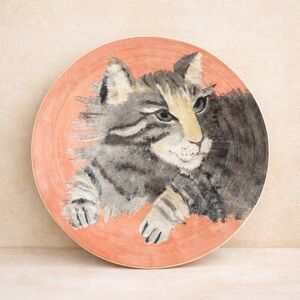 NEW Anthropologie Side Dessert Plate Carole Akins Tabby Cat Painting Decal 8.5"
